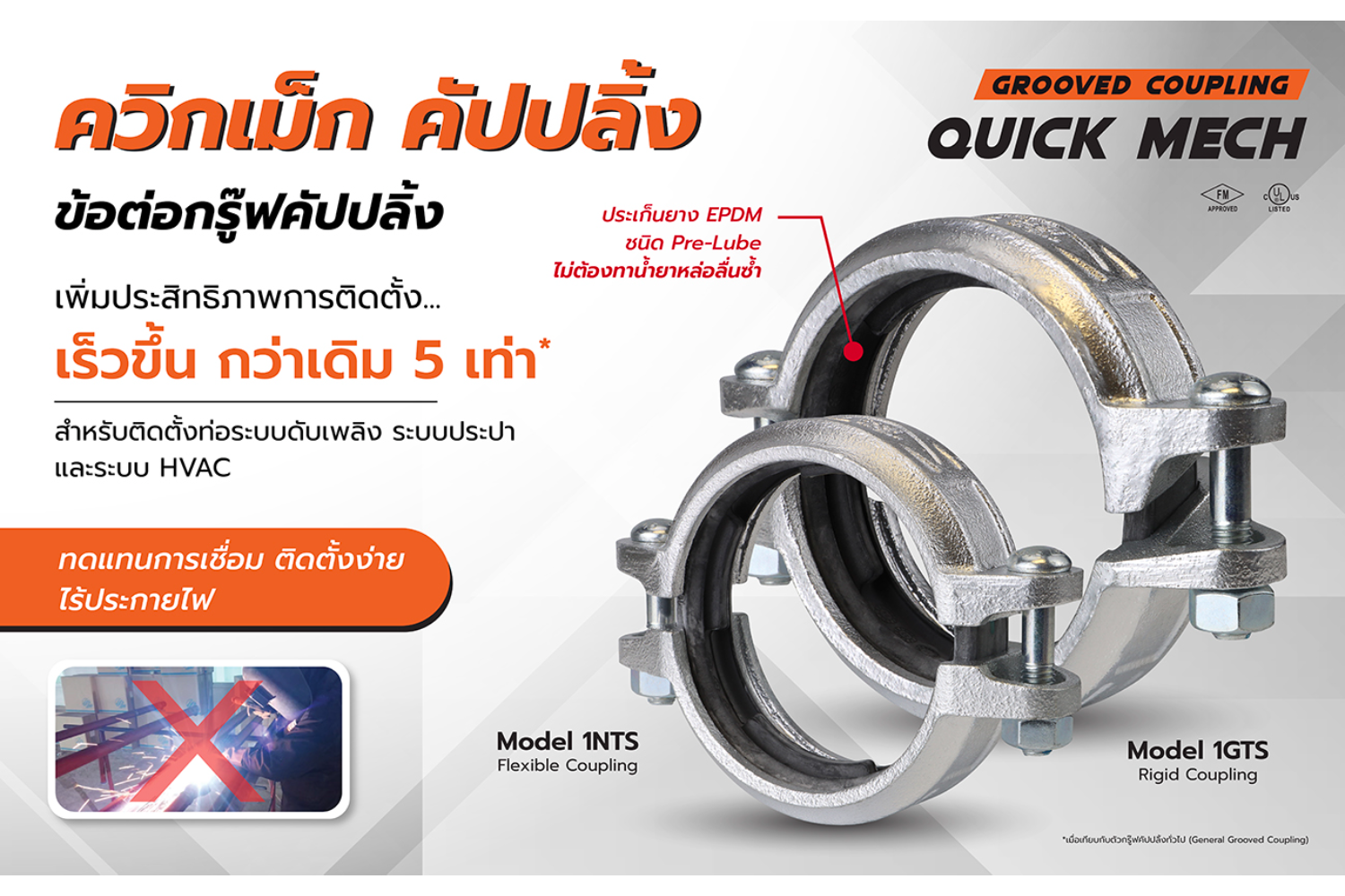 ควิกเม็ก คัปปลิ้ง ข้อต่อกรู๊ฟคัปปลิ้งแบบ Ready to Install ปะเก็นยางชนิด Pre-Lubricated Gasket Type (ทาสารหล่อลื่นมาแล้ว)